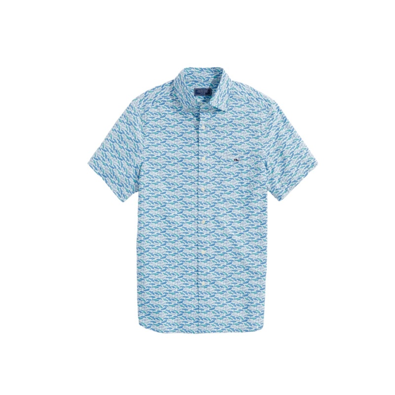 Vineyard Vines Mens Bluff Fish Printed Woven Short Sleeve Button Down Shirt