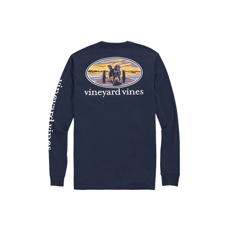 Vineyard Vines Mens Sunset Pier Bernese Mountain Dog Long Sleeve Pocket T-Shirt