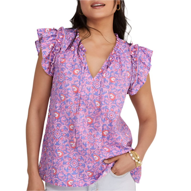 Vineyard Vines Womens Katama Ruffle Popover Short Sleeve Shirt