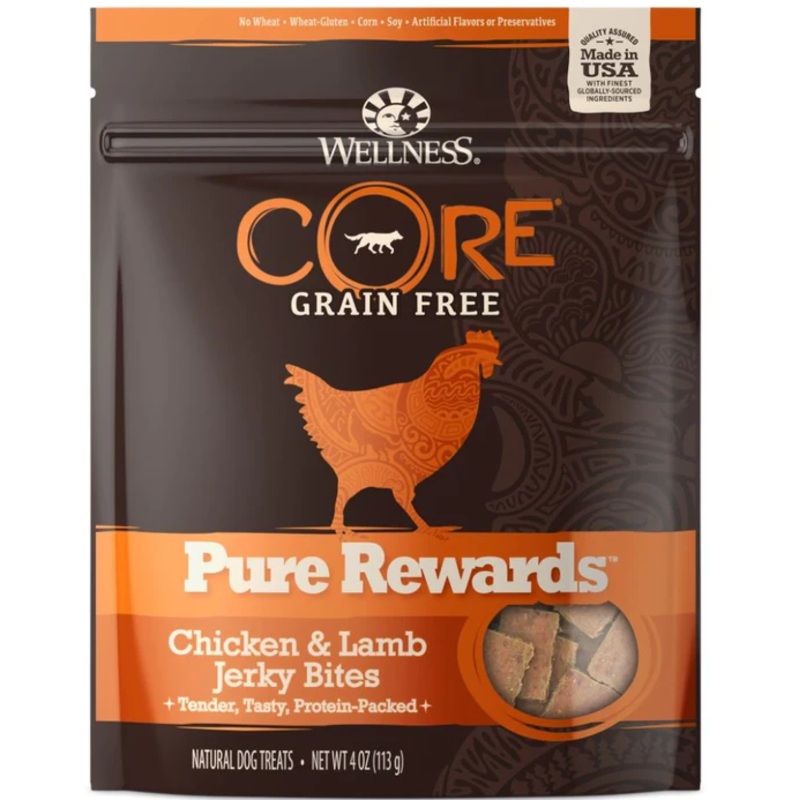 Wellness CORE Natural Grain Free Pure Rewards Chicken and Lamb Jerky Bites Dog Treats – 4 oz.