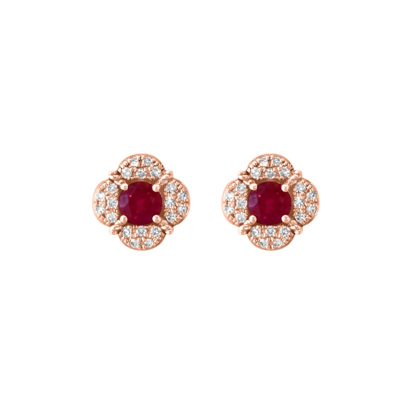 14K Rose Gold Ruby & Diamond Floral Stud Earrings