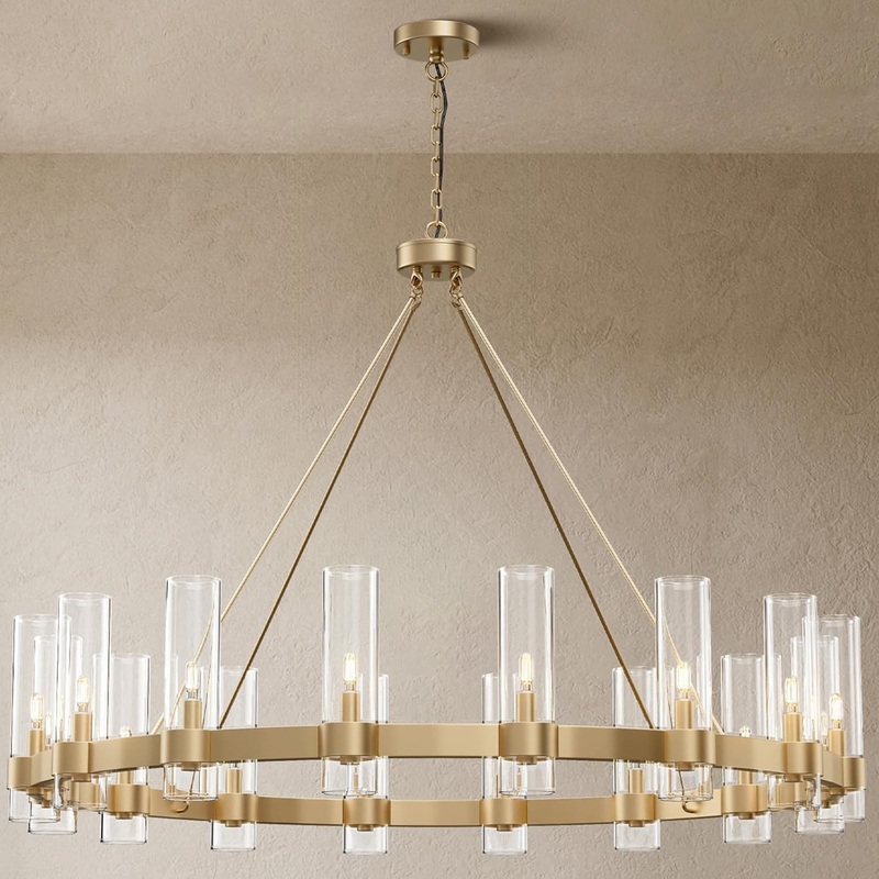 16-Lights Gold Chandelier,Wagon Wheel Chandelier with Glass Shade,48 Inch – $395