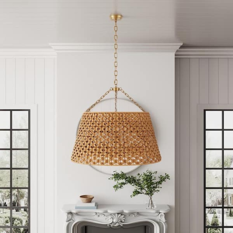 29.92 in. 6-Light Gold Woven Oversized Chandelier Boho Hand Rattan Rustic Farmhouse – $250