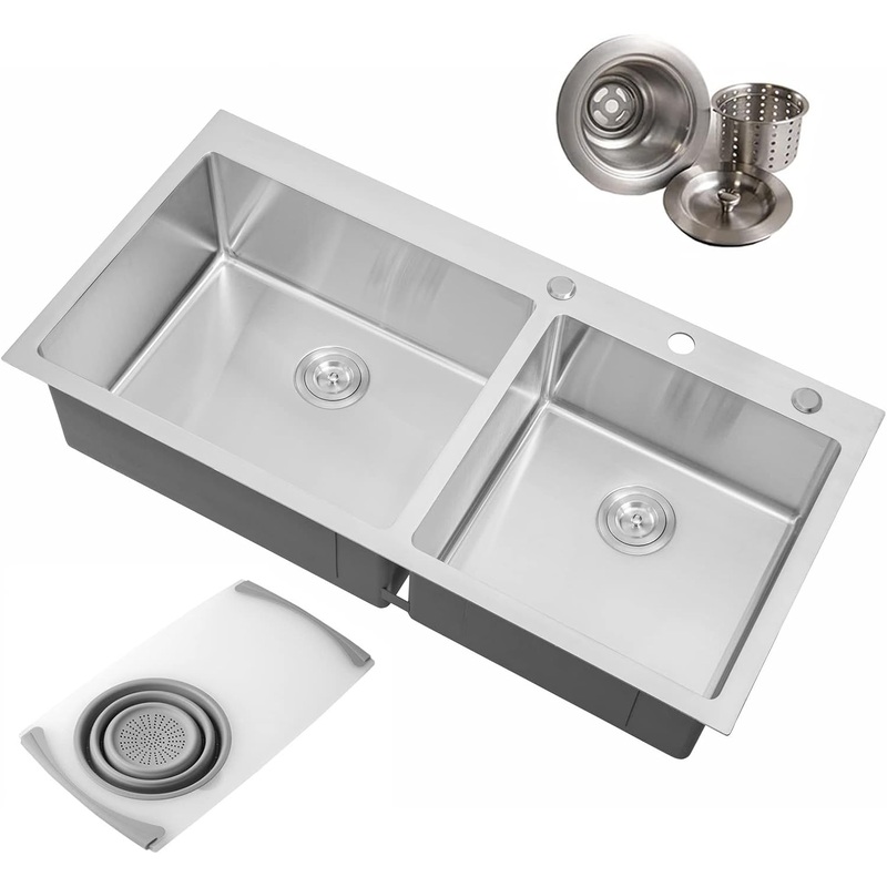 43″ 16 Gauge Topmount Double Bowl Kitchen Sink (w/Cutting-board & Strainer) – $295