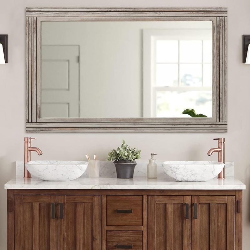 YOSHOOT Hand-Made Wooden Spliced Wall Mirror for Bathroom, 60″ x 36″, Grey – $180