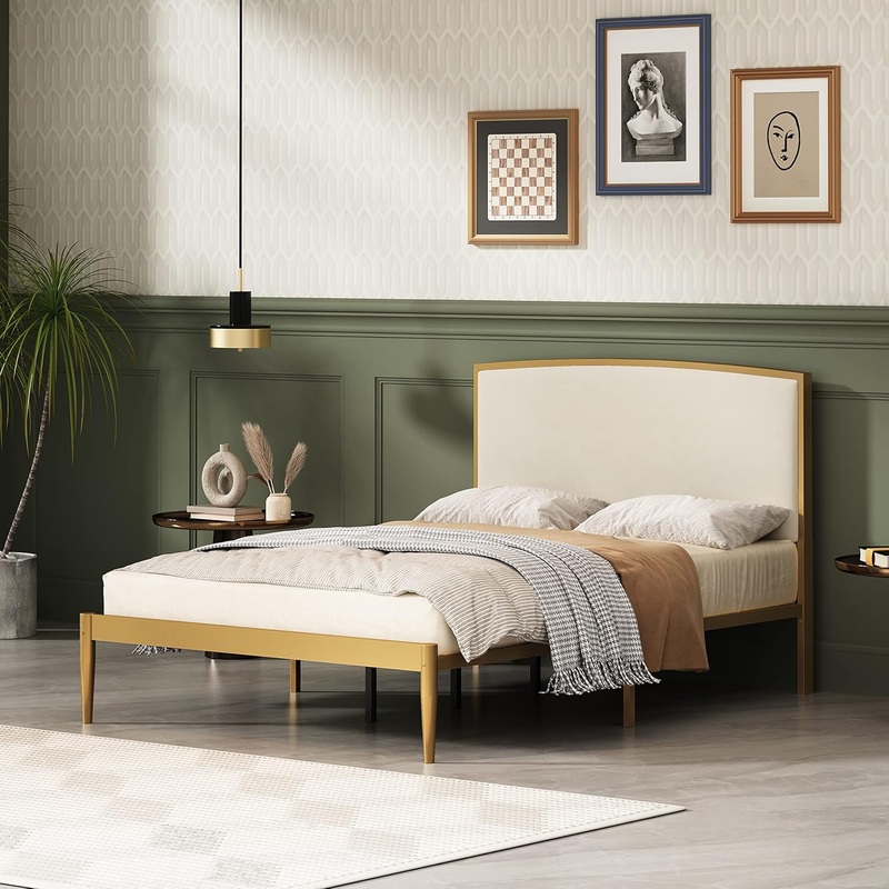 YUHUASHI Platform Metal Bed Frame, Simple Design (Beige & Gold, Full) – $325