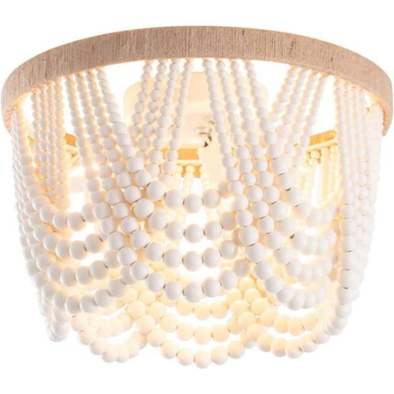 12.6 in. 3-Light Antique Rustic White Flush Mount Bohemia Wood Beaded Ceiling Light – $35