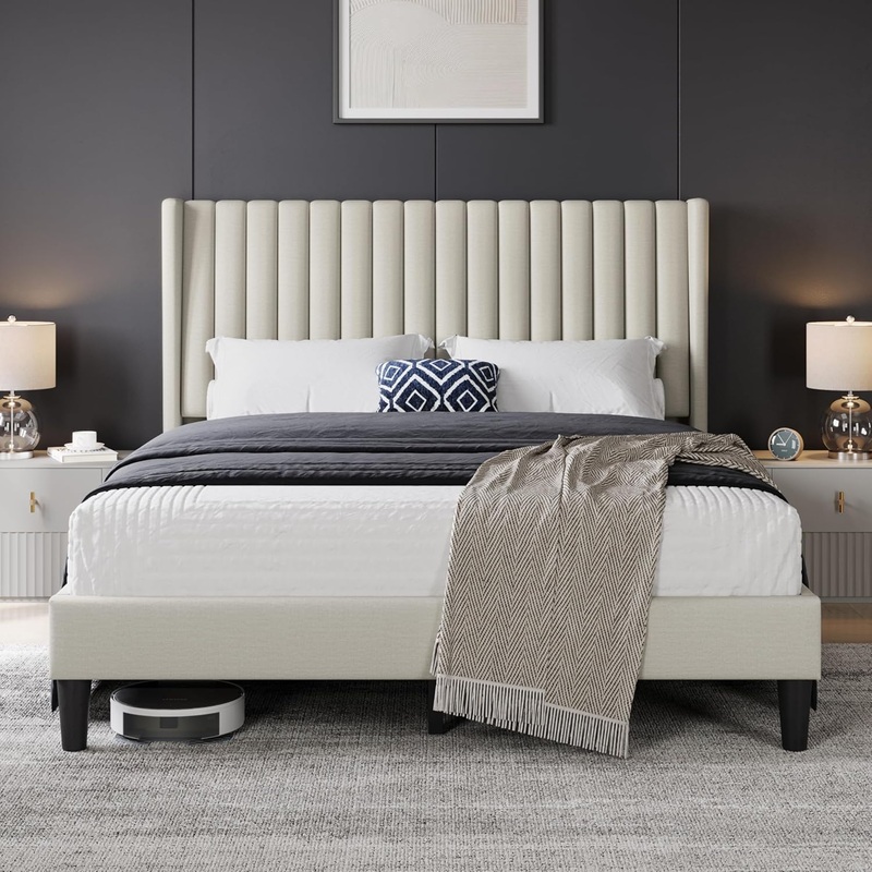 Yaheetech Queen Bed Frame Upholstered Platform Bed with Fabric Headboard – $90