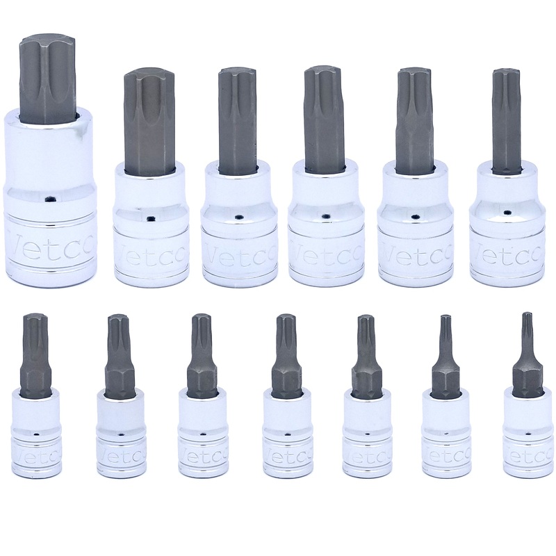 13-Piece Torx Bit Socket Set  T8T60  S2 Steel  1/4″, 3/8″, 1/2″ Drive  With Storage Case