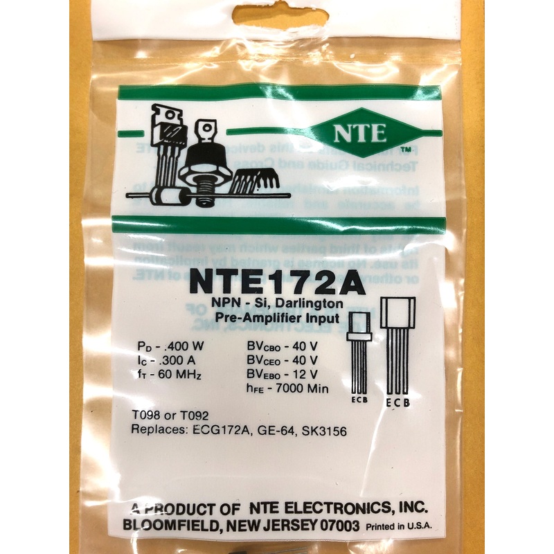 NTE172A, 300mA@40V NPN Darlington Pre-Amp/Switch ~ TO-98 or TO-92 (ECG172A)